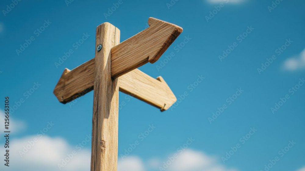 Wooden signpost with arrows pointing in different directions against blue sky Wooden signpost with arrows pointing in different directions against blue sky
