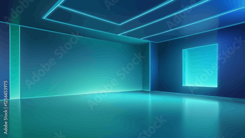 Serene Futuristic Room: An immersive depiction of a futuristic room with a minimalist design, bathed in cool, neon blue and turquoise light, offering a sense of calm and technological sophistication.