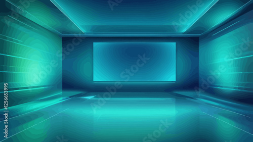 Futuristic Interior: A captivating digital rendering of an expansive, open room bathed in the soft, ethereal glow of cyan and turquoise light, with sleek lines and minimalist design.