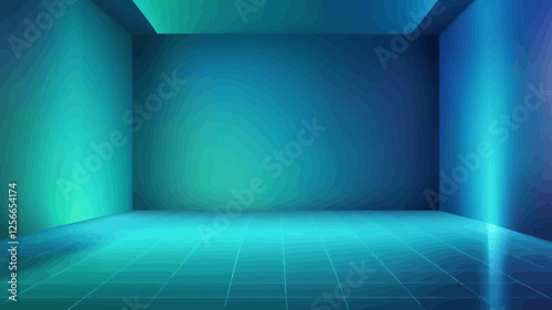 Abstract Teal Room: A minimalist digital rendering of an empty room, bathed in a cool teal glow, ideal for product displays or futuristic backgrounds.