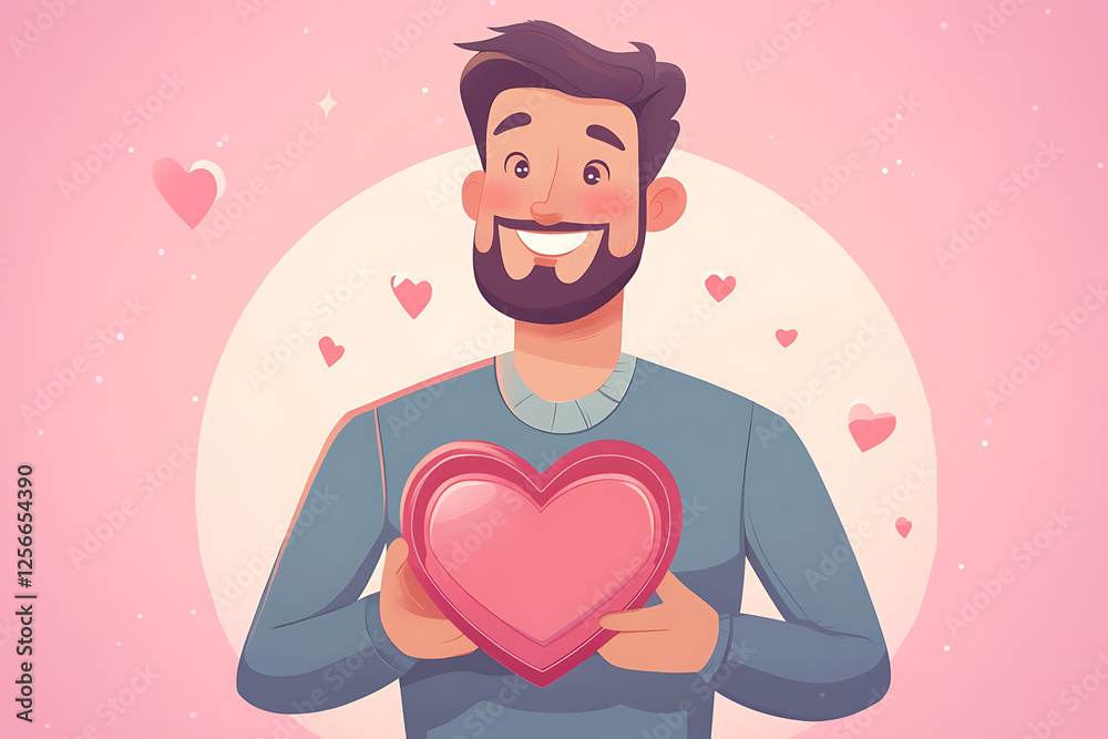 Cheerful man holding a heart-shaped gift against a pink background with floating hearts, celebrating love Cheerful man holding a heart-shaped gift against a pink background with floating hearts, celebrating love