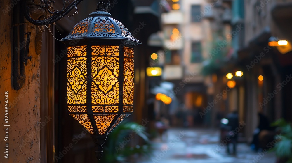 Ornate lantern glowing on a dimly lit street. Ornate lantern glowing on a dimly lit street.
