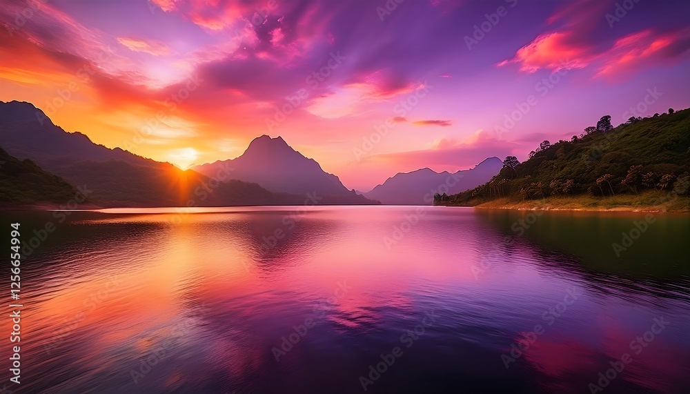 Landscape view of sunset behind the island from edge of the lake Landscape view of sunset behind the island from edge of the lake