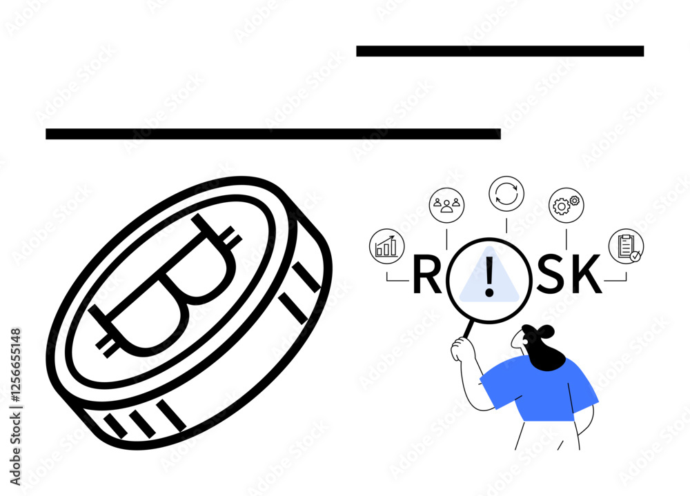 Bitcoin coin near person inspecting risk text and related icons. Ideal for finance, risk management, cryptocurrency, investment, business strategy, data analysis, abstract line flat metaphor Bitcoin coin near person inspecting risk text and related icons. Ideal for finance, risk management, cryptocurrency, investment, business strategy, data analysis, abstract line flat metaphor