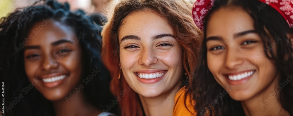 Smiling friends: young females of mixed races enjoying a happy moment together Smiling friends: young females of mixed races enjoying a happy moment together