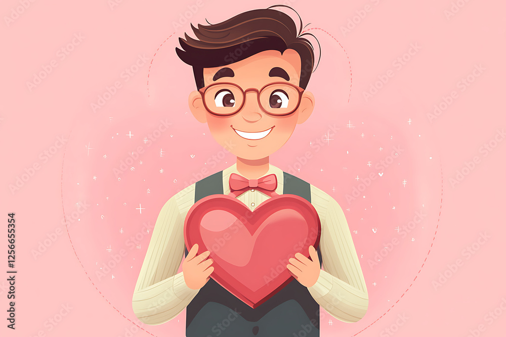 Cheerful young man holding a large heart-shaped symbol against a soft pink background with sparkles Cheerful young man holding a large heart-shaped symbol against a soft pink background with sparkles