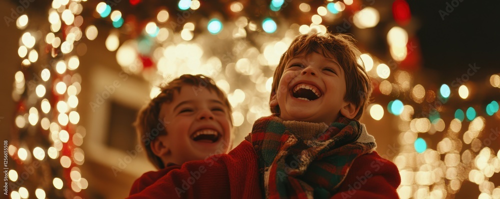 Joyful caucasian children laugh under festive holiday lights outdoors Joyful caucasian children laugh under festive holiday lights outdoors