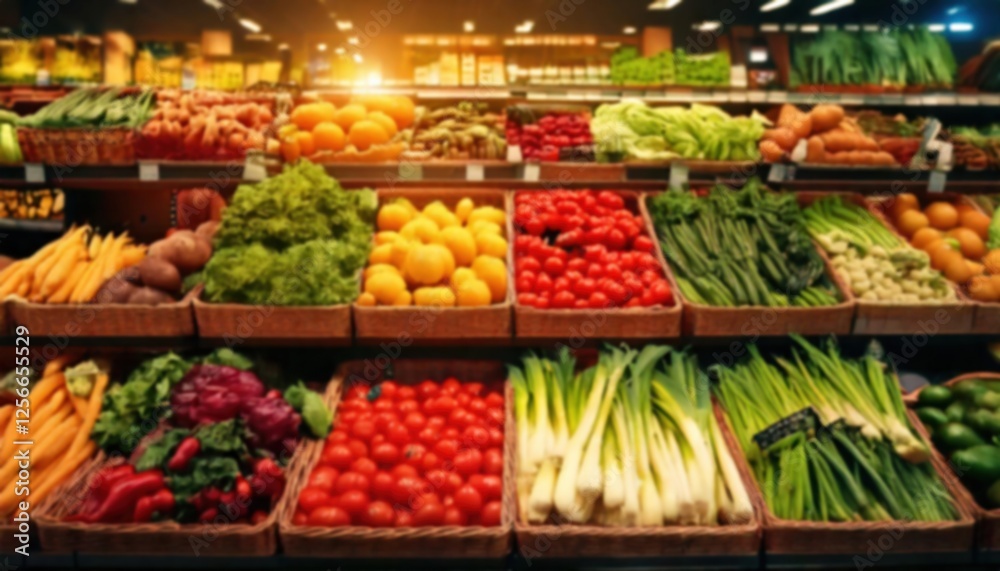 Defocused Fresh produce display with vibrant vegetables at a grocery store in the afternoon light Defocused Fresh produce display with vibrant vegetables at a grocery store in the afternoon light