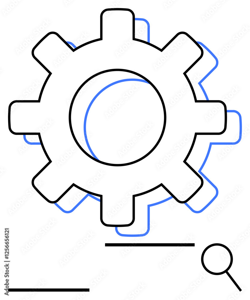 Gear with magnifying glass and straight lines evokes themes of search, optimization, functionality, and system analysis. Ideal for technology, innovation, research, development, education problem Gear with magnifying glass and straight lines evokes themes of search, optimization, functionality, and system analysis. Ideal for technology, innovation, research, development, education problem