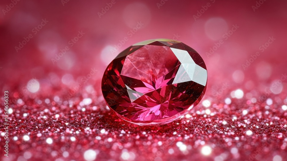 Stunning Close-Up of a Brilliant Red Gemstone on Sparkling Pink Glitter Background Perfect for Creative Text or Graphic Overlays