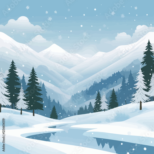 Winter Wonderland: A serene and captivating winter landscape unfolds with snow-capped mountains, evergreen trees, and a tranquil river, evoking a sense of peace and the silent beauty of the season.