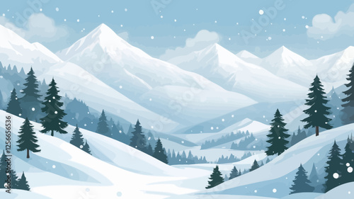 Snowy Mountain Landscape: A serene winter wonderland unfolds, showcasing snow-covered mountains, evergreen trees, and a gentle snowfall.