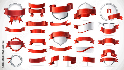 Red Ribbons and Badges Collection: A diverse collection of elegant red ribbons and badges, perfect for adding a touch of sophistication and festive flair to your designs.