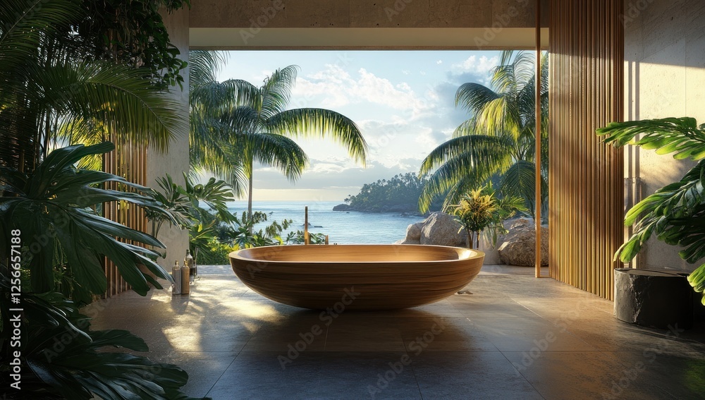 Fototapeta premium Tranquil Tropical Bathroom Oasis: Luxurious Wooden Tub with Ocean View