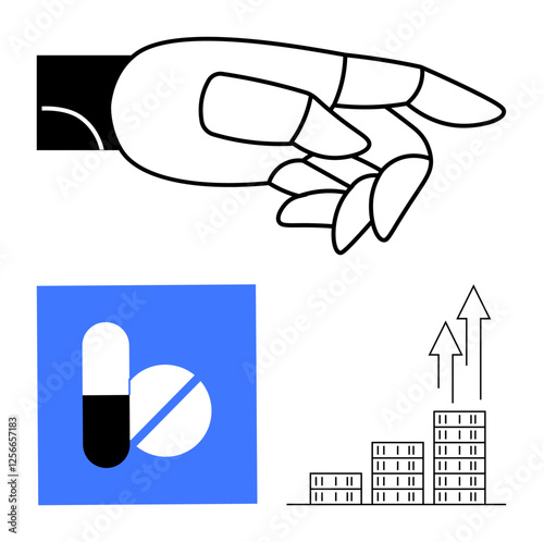 Minimalist hand pinching pill, medicine icon, buildings with upward arrows. Ideal for healthcare innovation, pharmaceutical impact, health economics, medical growth chart, treatments, modern