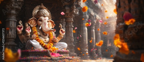  Ganesh Statue in Indian Temple with Sacred Ornaments, Color Splashes, and Traditional Decor. Copy space. Generative AI