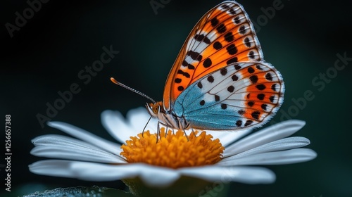 Vibrant Butterfly Perched on Delicate Daisy Flower in Stunning Aesthetic Design with Calyptra and Thalictrum Elements, Emphasizing Nature's Beauty and Intricacies photo