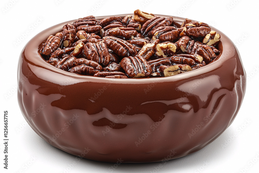 Obraz premium Glossy, candied pecan halves fill a brown ceramic bowl, presented against a stark white background.