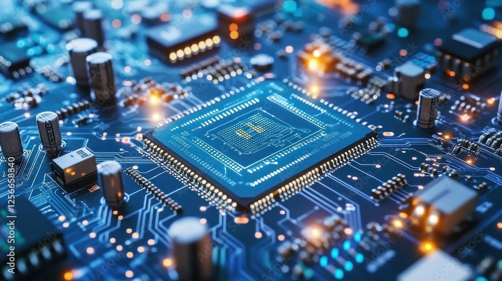 Close-up of a central processing unit on a circuit board. Close-up of a central processing unit on a circuit board.