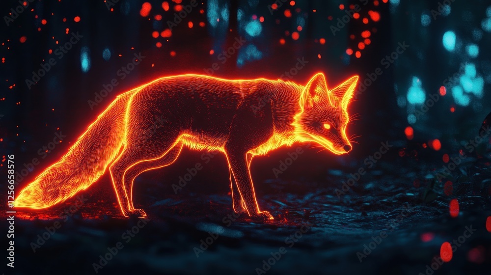 Fototapeta premium Fiery fox in enchanted forest; mystical digital art