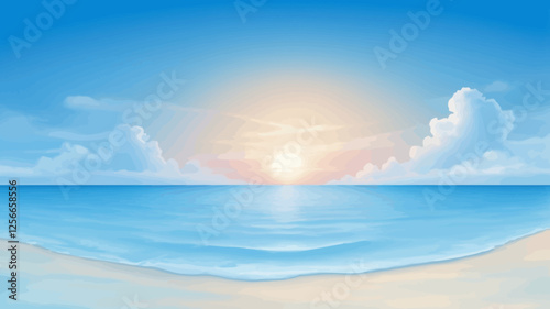 Seascape Sunset: A serene ocean view at sunset, featuring a soft, pastel sky, gentle waves lapping a sandy shore, evoking a sense of peace and tranquility.