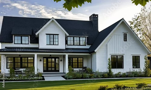 A sleek white modern farmhouse featuring a dark shingled roof, black window frames, a covered porch, and well-manicured landscaping.

