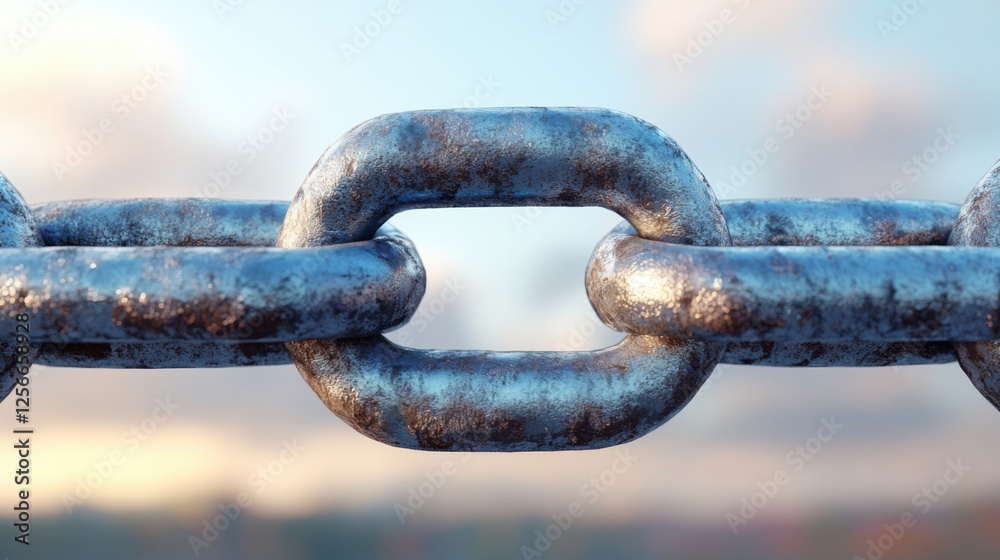 Detailed Close-Up View of a Metallic Chain Link with Textured Surface Captured in Bright Outdoor Lighting and Soft Background Elements for Visual Impact Detailed Close-Up View of a Metallic Chain Link with Textured Surface Captured in Bright Outdoor Lighting and Soft Background Elements for Visual Impact