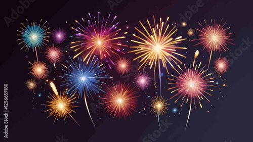 Exploding fireworks: Vibrant fireworks light up the night sky, showcasing a captivating display of color and light. Celebrate with the image and share its energy.