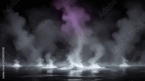 Mystical Swirls: A mesmerizing composition featuring a dance of ethereal smoke and fog rising from a reflective surface, creating a surreal and atmospheric environment.