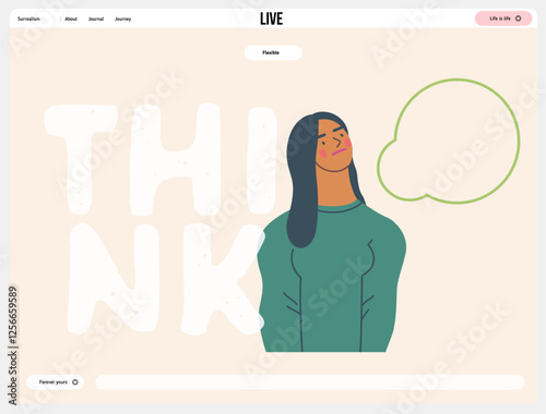 Thinking people, modern flat vector concept illustration- woman standing thoughtfully, looking upwards, bubble near head Metaphor for reflection, analysis, introspection, contemplation, deep thought