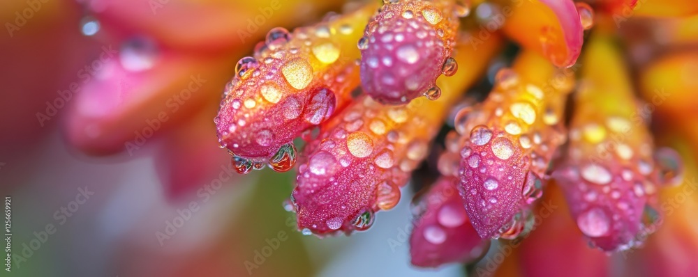 Close-up of vibrant dew-covered pink and orange flower buds Close-up of vibrant dew-covered pink and orange flower buds
