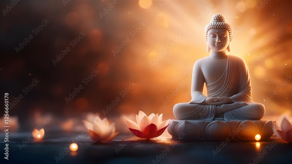 A serene Buddha statue surrounded by glowing light and lotus flowers, symbolizing peace and meditation. A serene Buddha statue surrounded by glowing light and lotus flowers, symbolizing peace and meditation.