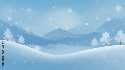 Winter Wonderland Illustration: A tranquil illustration of a snowy landscape, with snow-covered rolling hills and distant mountains, evoking a sense of serenity and the quiet beauty of winter. 