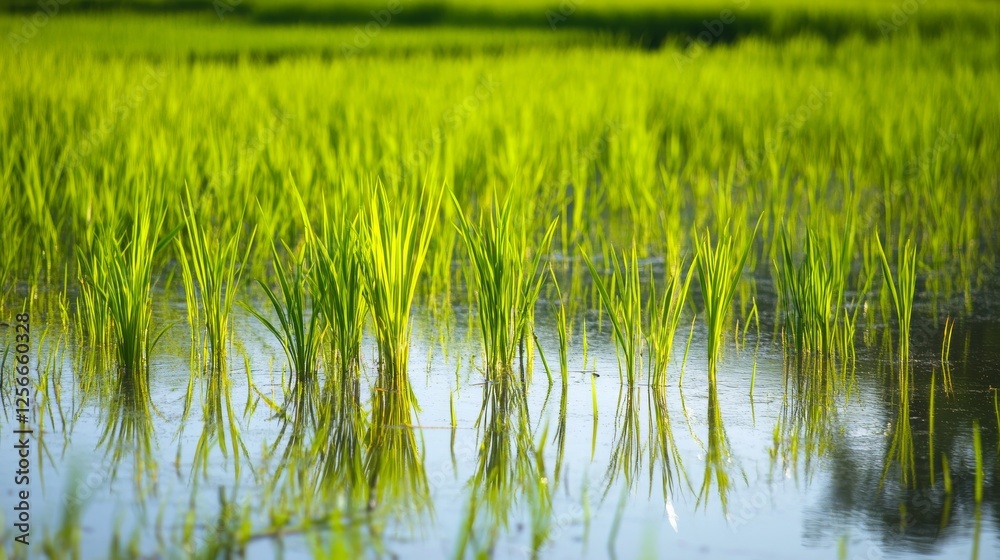 Lush green rice plants in a flooded paddy field. Showcasing the cultivation process and agricultural beauty. Ideal for agricultural magazines and educational materials. Lush green rice plants in a flooded paddy field. Showcasing the cultivation process and agricultural beauty. Ideal for agricultural magazines and educational materials.