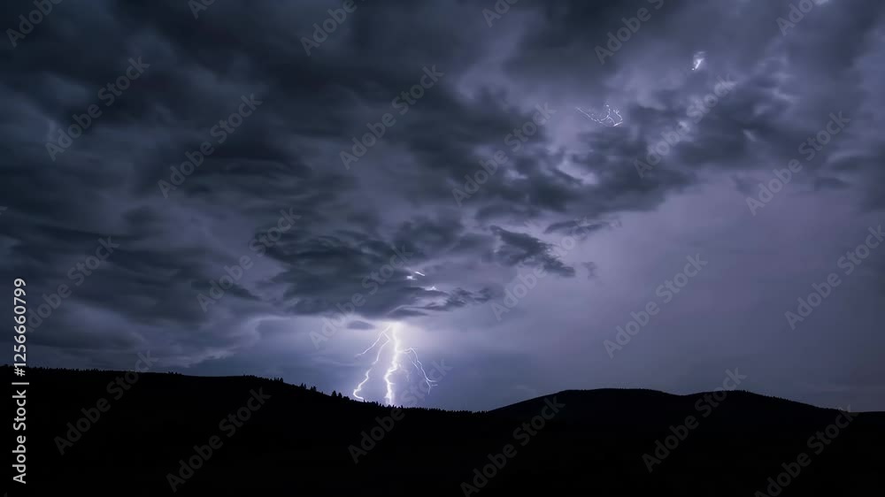 Lightning storm over dark hills with dramatic clouds at night. Nature power and atmospheric phenomenon concept