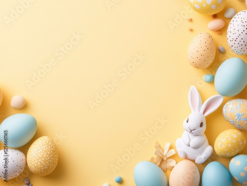 Cheerful Easter composition with colorful eggs and a cute bunny on a bright yellow background, symbolizing spring and celebration