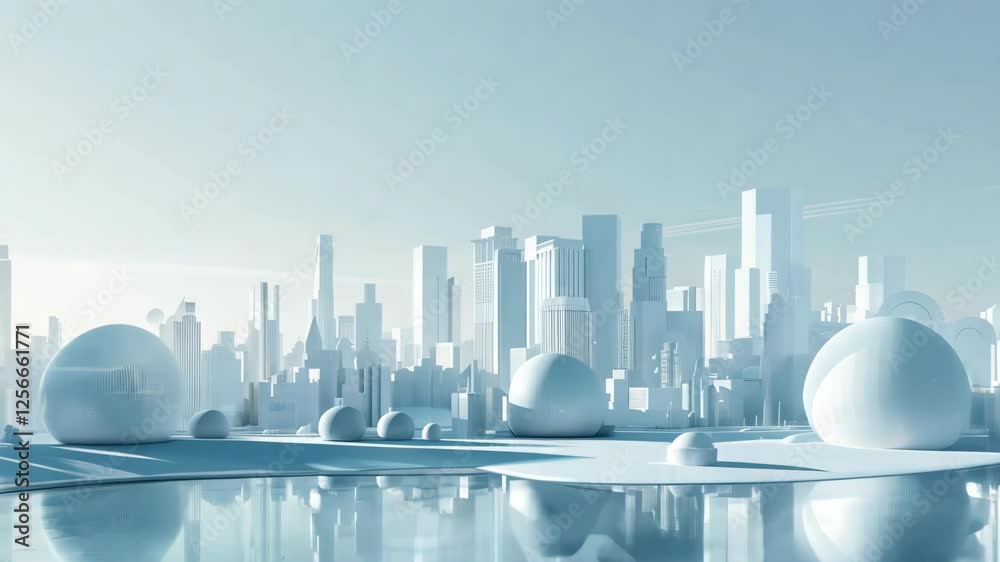 Futuristic white city skyline with abstract spherical structures
