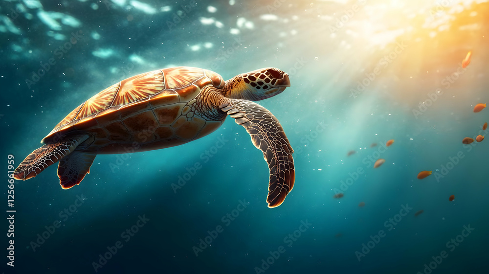 Obraz premium A serene underwater scene featuring a graceful turtle swimming amidst sunlight and fish.