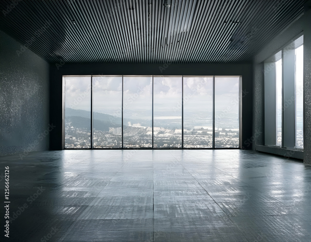 Modern interior of an empty gallery space with dark walls, large windows, and clean tiled floors. 3D Rendering Modern interior of an empty gallery space with dark walls, large windows, and clean tiled floors. 3D Rendering