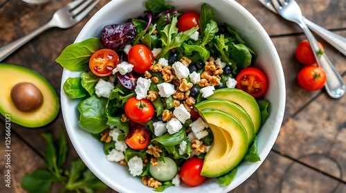 Ensalada saludable con aguacate, queso feta y nueces