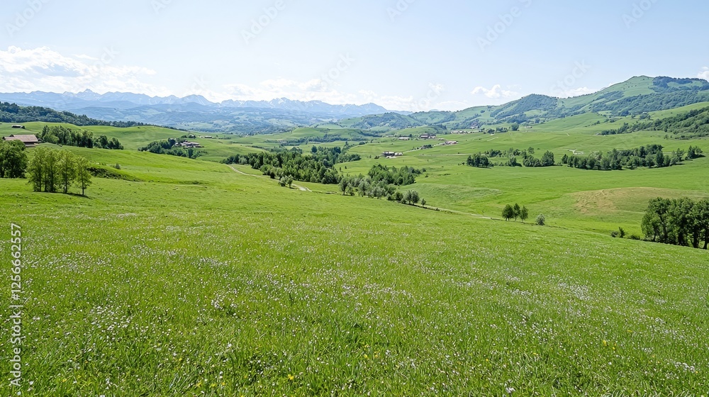 Fototapeta premium Lush green valley, mountain backdrop, sunny day, rural landscape; travel brochure
