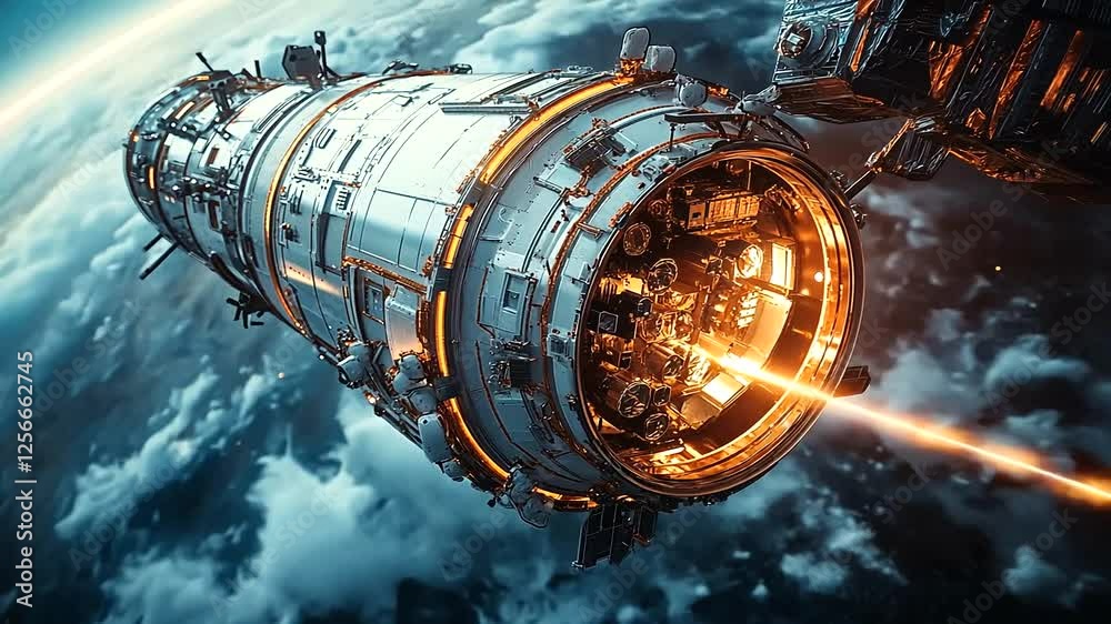 Futuristic spacecraft with glowing components navigating through clouds in space