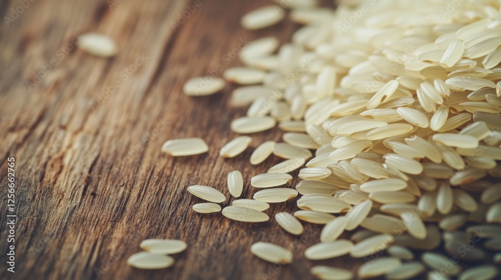 Obraz premium Raw rice grains spread on a rustic wooden surface, highlighting natural texture and glossy appearance. Ideal for culinary and food ingredient use.