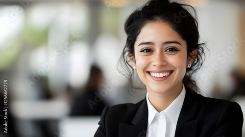 confident businesswoman smiling in modern office setting
