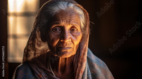 Portrait of a wise elderly woman with a weathered face and soft shawl photo