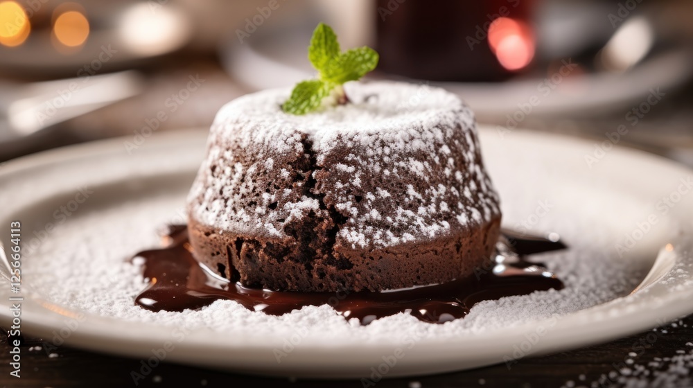 Decadent chocolate lava cake with powdered sugar and mint garnish Decadent chocolate lava cake with powdered sugar and mint garnish
