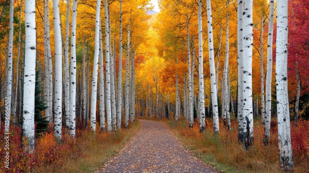 Fototapeta premium Autumn Aspen Grove Pathway; colorful fall foliage, narrow path, peaceful scenery. Possible use nature wallpaper