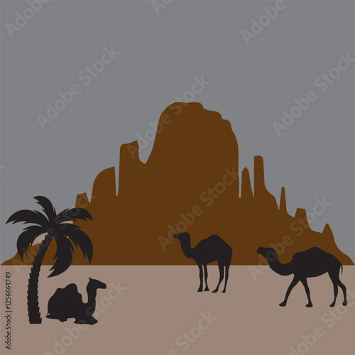 camel in desert, Illustration of a camel in the desert 