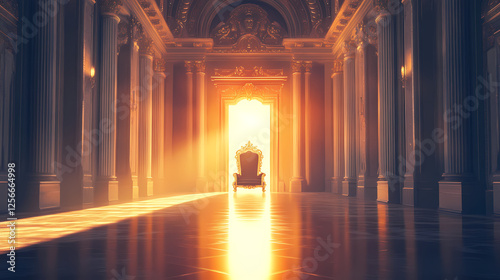 A grand hallway with an ornate throne, illuminated by a celestial light. Ornate Celestial Thrones. Illustration photo