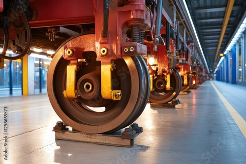 Train wheels on maintenance platform, showcasing engineering precision, industrial design, and safety features, railway technology concept photo